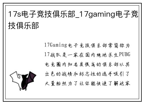 17s电子竞技俱乐部_17gaming电子竞技俱乐部